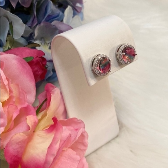 Multi Colored Tourmaline Gemstone Stud Earring With Halo Pave CZ Setting NEW - Picture 2 of 4